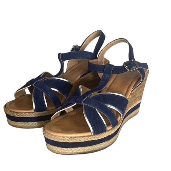 Texto Womens Wedge Sandals Espadrille Platform Strappy 3.5" Heels Blue Brown - Picture 2 of 7